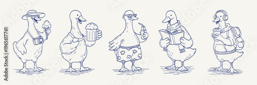 Five cartoon ducks walk in a row. Each carries a unique item. They smile and seem cheerful. Perfect for scenes like a picnic or shopping outing. Ideal for family-friendly activities or group events