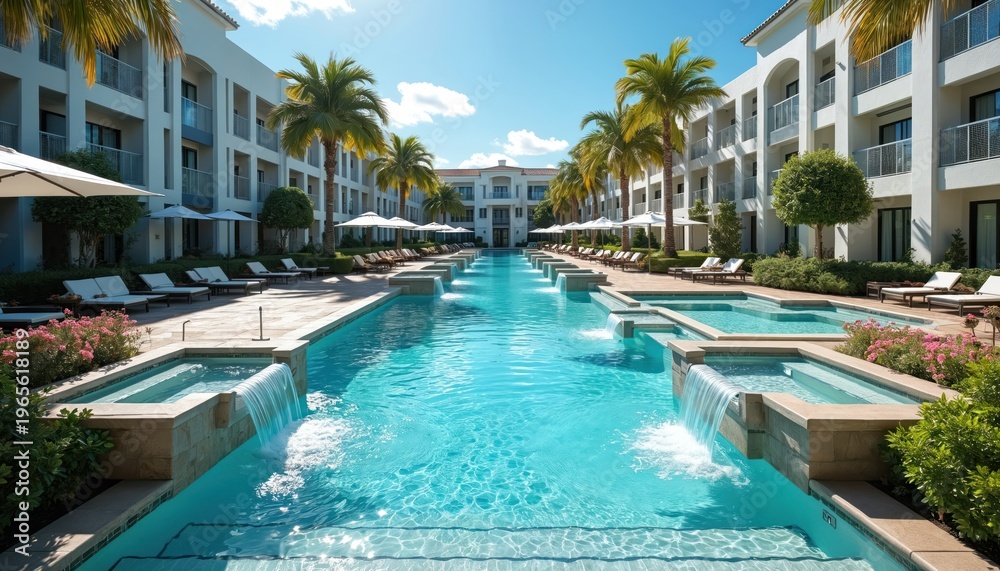 Fototapeta premium Expansive resort pool with cascading waterfalls and rich plants. Lounge chairs and umbrellas offer comfort next to sparkling blue water. Palm trees sway under a bright sunny sky.