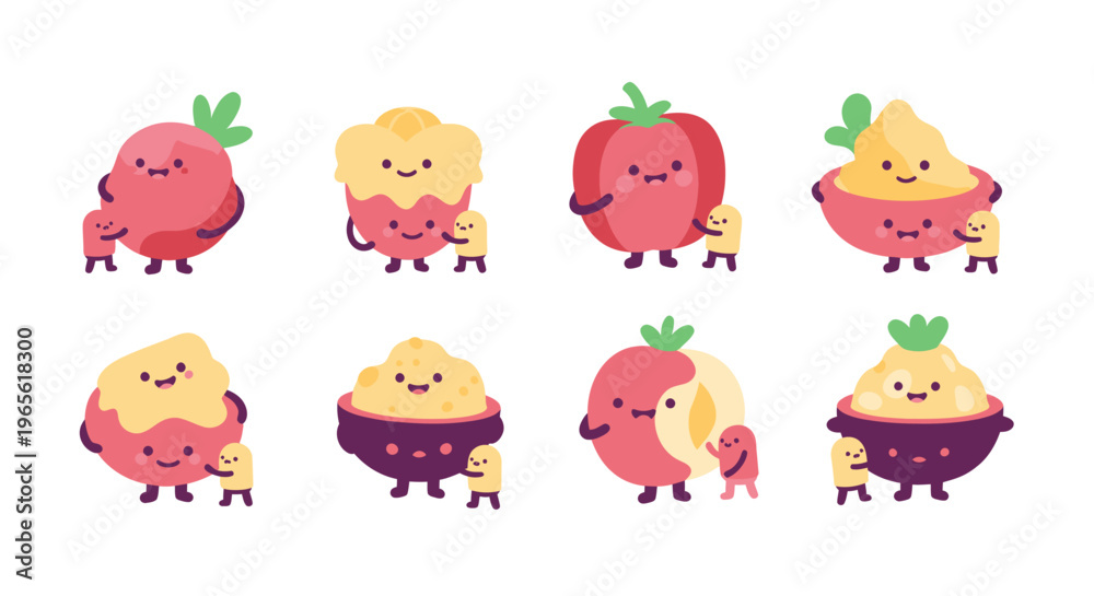 Fototapeta premium Cute Kawaii Food Characters with Little Helpers, Flat Design
