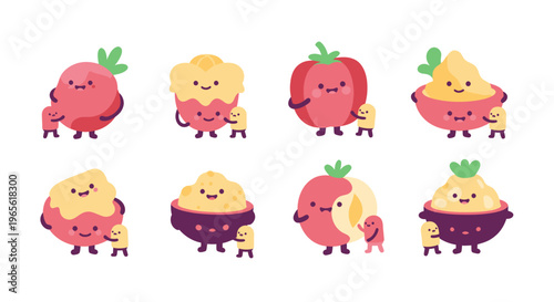 Cute Kawaii Food Characters with Little Helpers, Flat Design