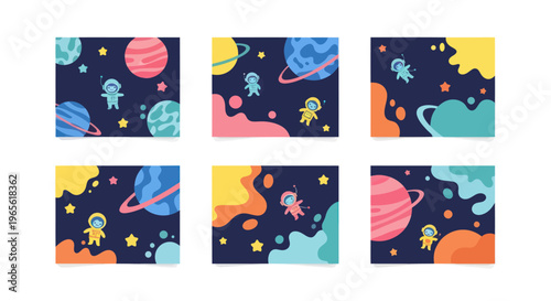 Cute Astronauts Floating Among Planets and Stars in Space, Flat Design