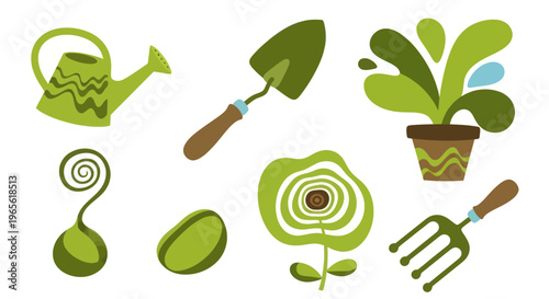 Gardening Tools and Plant Icons in Flat Vector Style