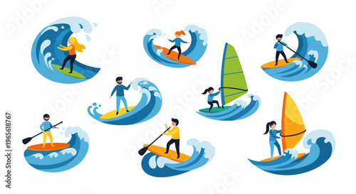 Flat Style Vector Icons: People Surfing, Paddleboarding, Windsurfing on Waves