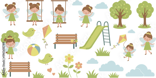 Cartoon children playing in a park with swings and slides