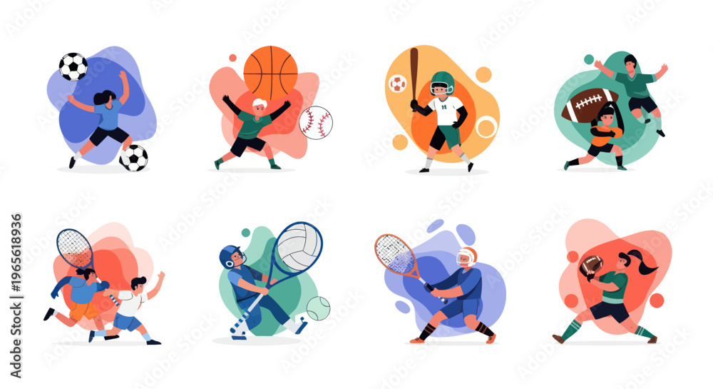 Fototapeta premium Diverse Sports Activities: Kids Playing Soccer, Basketball, Baseball, Football, Tennis