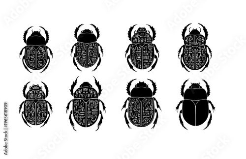 Ancient Egyptian Scarab Beetle Silhouette Sticker, Museum Specimen Hieroglyphic Vector, Hand Etched Pharaonic Amulet Illustration