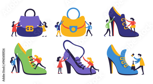 Flat illustration of tiny people with fashion shoes and bags