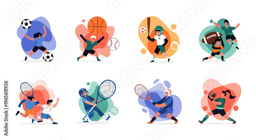 Diverse Sports Activities: Kids Playing Soccer, Basketball, Baseball, Football, Tennis