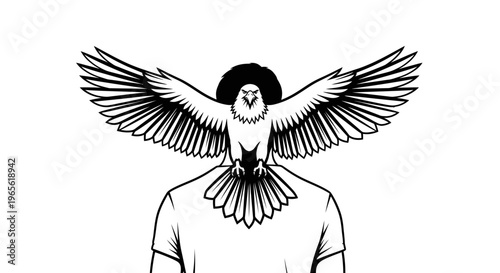 Eagle with spread wings perches on a person's upper back in clean vector lines.