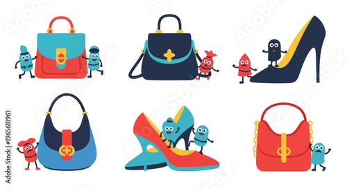 Cute cartoon characters with handbags and high heels, flat vector illustration
