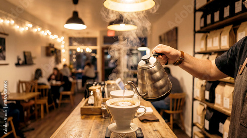 Barista pouring hot water from gooseneck kettle for pour-over coffee brewing in cafe