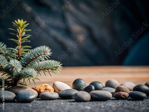 Zen garden arrangement with pebbles and evergreen branch on dark background, minimalist natural scene symbolizing calm, balance and meditative tranquility