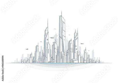 Futuristic city skyline with sleek skyscrapers and flying vehicles on white background
