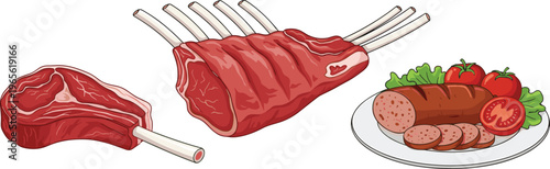 Premium meat and protein set featuring raw T-bone steak rack of ribs and grilled sausage with tomatoes flat vector illustration