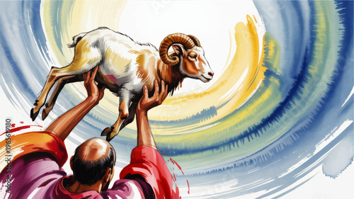 Colorful biblical illustration of man lifting sacrificial ram, religious offering artwork with dynamic blue yellow brush stroke background