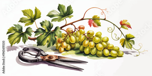 Watercolor green grape vine with leaves and pruning shears, hand painted vineyard harvest illustration on transparent background
