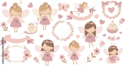 Cute cartoon little girls and pink decorations