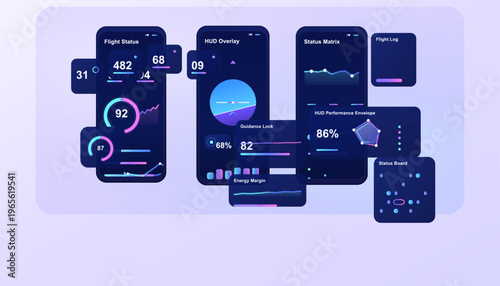 Futuristic flight HUD mobile dashboard set with aviation telemetry screens, guidance cards, status gauges, and performance widgets in a dark neon interface for cockpit app design.