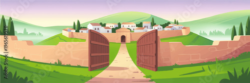 Medieval city gates open to peaceful walled village in green valley, flat cartoon landscape background for game or banner design