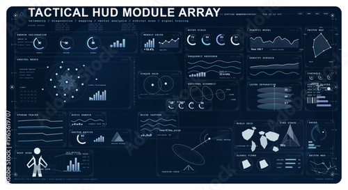 Futuristic tactical HUD module array with telemetry panels, radar maps, signal charts, calibration widgets, and dark sci-fi monitoring interfaces for diagnostics and data control.