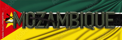 Mozambique flag illustration with 3D metallic typography, AK rifle emblem, national colors red green yellow black, patriotic banner design