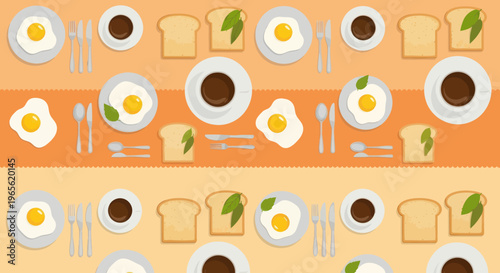 Seamless Breakfast Pattern: Fried Eggs, Toast, Coffee, Cutlery - Flat Design