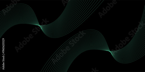Abstract background with waves for banner. Medium banner size. Vector background with lines. Element for design isolated on black. Black, green and blue. Ocean, night, card