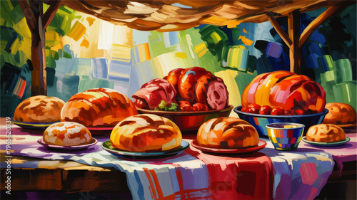Colorful festive feast illustration with roasted meat, bread loaves and pastries on rustic outdoor table, vibrant impressionist painting