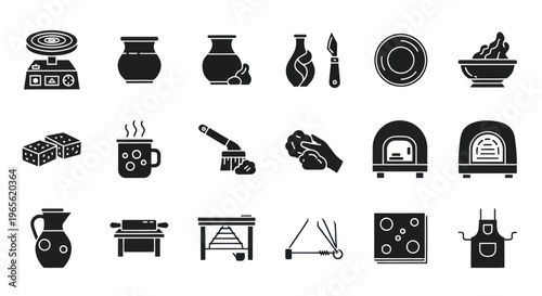 Pottery Icon Set - Ceramic Art Tools, Kilns, and Supplies in Glyph Style