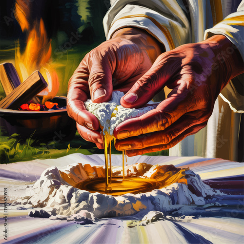 Rustic outdoor baking preparation with hands squeezing eggs into flour well near campfire, vibrant digital painting food illustration