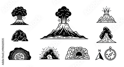 Black and White Line Art Icons of Volcanoes, Rocks, and Compass