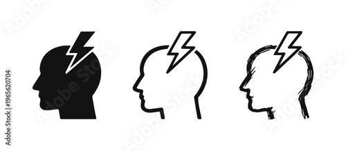 Human Head with Lightning Bolt Icon Set - Idea, Brainstorming, Stress, and Mental Energy Concepts.