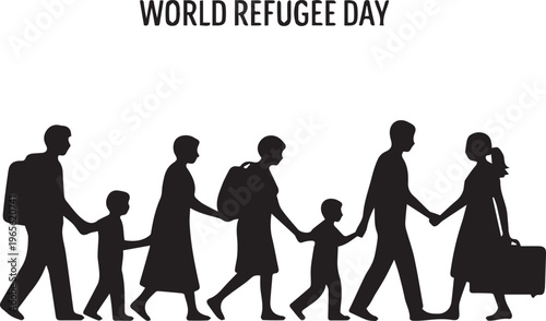 Global migration and refugee family walking together silhouette illustration