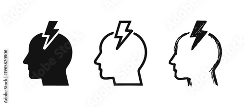 Lightning Bolt in Human Head Icon Set - Creative Thought, Stress, and Mental Acuity Concepts.