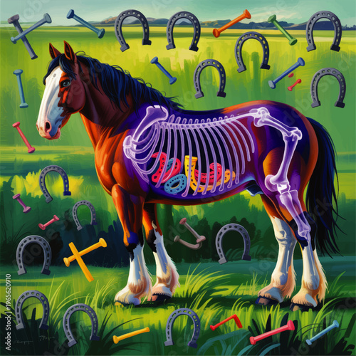 Colorful horse anatomy illustration with glowing skeleton, horseshoes and nails on green meadow, veterinary and educational concept art