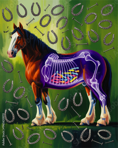 Colorful veterinary anatomy illustration of horse with x ray skeleton, gut bacteria, horseshoes and nails on green background