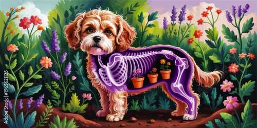 Cute dog with purple X ray skeleton and potted flowers inside body in colorful spring garden, whimsical veterinary anatomy illustration