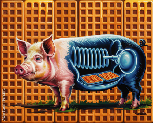 Surreal pig waffle machine illustration with dripping syrup background, whimsical breakfast concept art, colorful retro food fantasy