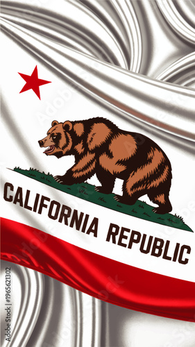 Waving California state flag with grizzly bear emblem and red star on silky fabric, detailed patriotic illustration for USA designs