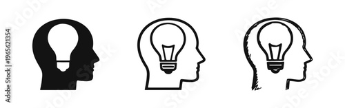 Idea and creativity icons set with lightbulb in human head profile, representing innovation and thinking.