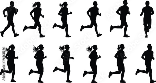 Large collection of black silhouettes featuring men and women running and jogging for sports fitness marathon training and active lifestyle.