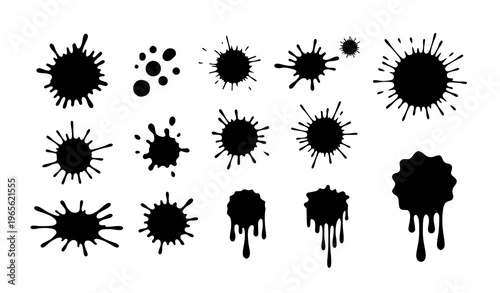 Minimal paint splash and ink blot set with abstract splatter stains black and white vector illustration