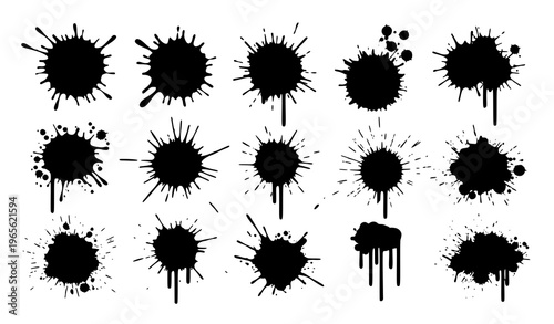 Paint splatter icons set with ink splash stains and abstract splats black and white vector