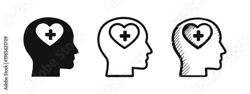 Mental health and psychological well-being icons set with heart and cross in human head profile.