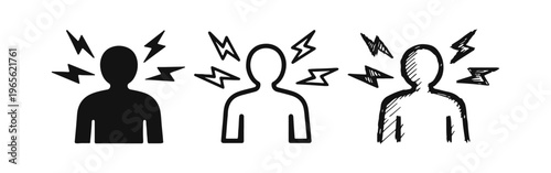 Stress and warning icons set with lightning bolts around human figure, symbolizing pressure or conflict.