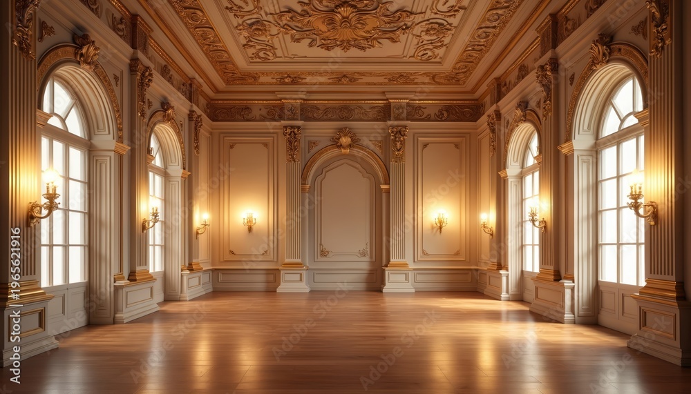 Obraz premium Opulent ballroom with golden ornate decor and large arched windows. Light reflects off polished wood floor, creating warm inviting atmosphere. Elegant classic interior design space.