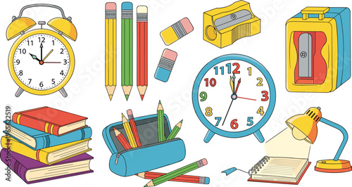 Colorful School Supplies Vector Set Featuring Books, Clocks, Pencils, Erasers, Sharpener, and Desk Lamp for Educational Materials and Classroom Designs