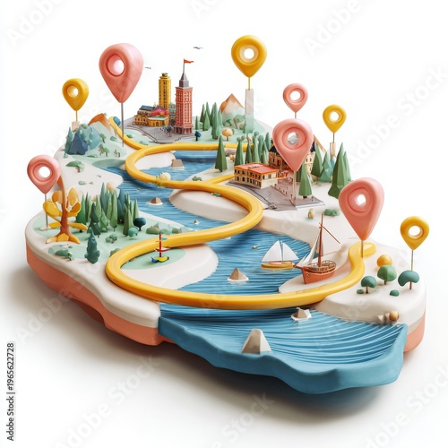 3d illustration of lorry on the road surrounded by map pointers
