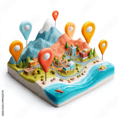 3d illustration of lorry on the road surrounded by map pointers
