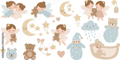 Whimsical illustration of children and adorable animals in a dreamy nursery scene with moons and stars